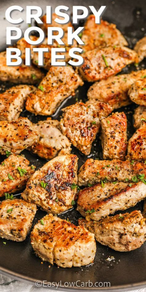 Asian Pork Bites, Crock Pot Pork Bites, Chopped Pork Tenderloin Recipes, Pork Tenderloin Cubes Recipes, Garlic Pork Chop Bites, Pork Chop Cube Recipes, Easy Pork Cutlet Recipes, Easy Low Carb Pork Chop Recipes, Pork Tenders Recipe