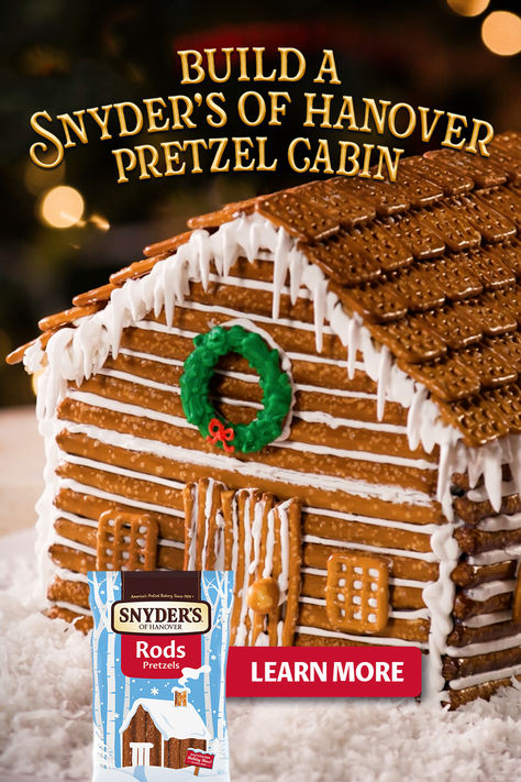 Holiday homes don’t have to be so stale, they can have tasteful details like this thatched roof made of delicious Snyder’s Snaps! So learn how to build Snyder’s Pretzel Cabin this year and enjoy a more tasteful kind of holiday home. Visit snyderspretzelcabin.com and choose between different kinds of pretzel cabins to learn how to build. Whatever pretzel cabin you choose, you can’t go wrong, they’re all equally delicious! Pretzel Cabin, Cheetah Craft, Pretzel Gingerbread House, Diy Gingerbread Houses, Snyders Pretzels, Graham Cracker Gingerbread, Graham Cracker House, Christmas Homeschool, Graham Cracker Gingerbread House