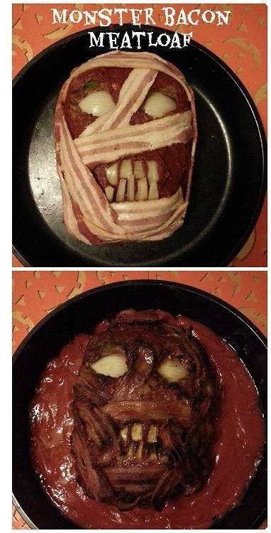 Halloween Meatloaf, Snack Halloween, Bacon Meatloaf, Bacon Wrapped Meatloaf, Recetas Halloween, Zombie Monster, Halloween Fest, Halloween Foods, Food For Party