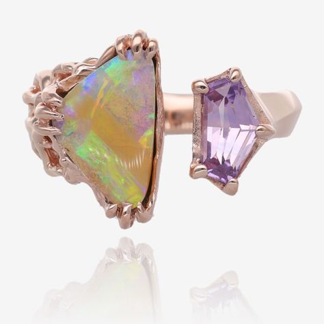 🥁Drumroll please: introducing our newest Opal and sapphire ring! Yes- that lavender gemstone is a sapphire, mined from the Umba region of Tanzania. Opal And Sapphire Ring, Gems Ring, Colorful Ring, Rose Gold Gifts, Vine Pattern, Claw Prong, Step Cut, Etsy Gold Ring, 14k Rose Gold Ring