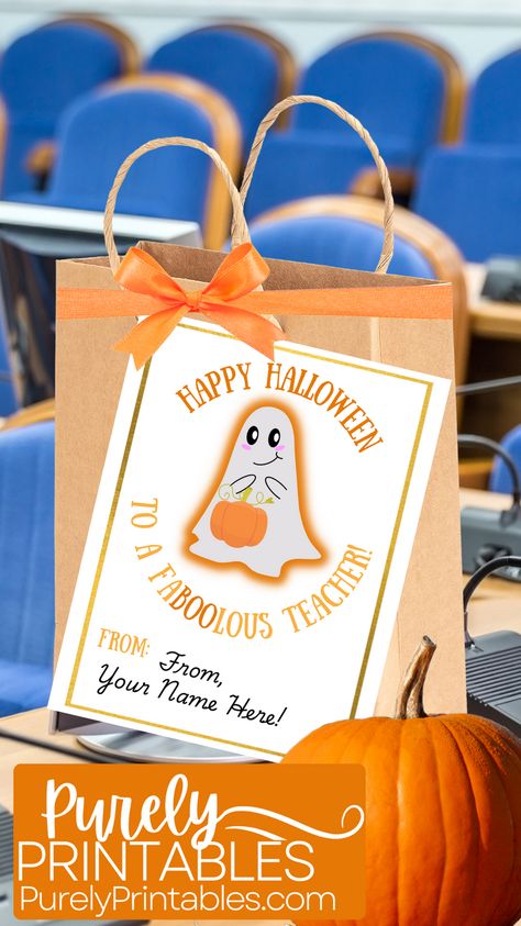 Teacher Halloween tags are FREE and instantly download! They say "Happy Halloween to a FaBOOlous Teacher" and feature a cute ghost holding an orange pumpkin. Perfect for non-food Halloween or non-candy Halloween ideas or fill it with candy or visit our website for other great Halloween ideas for teacher gifts or teacher appreciation! Free Halloween printables for educators can be an easy DIY class gift or great from one student. #PurelyPrintables #TeacherHalloweenTags #ClassHalloweenGift Free Halloween Teacher Printables, Faboolous Halloween Printable, Halloween Teacher Gift Tags Printable Free, Free Halloween Gift Tag Printables, Diy Halloween Teacher Gifts, Halloween Teacher Gifts Free Printable, Halloween Gift Ideas For Students, Halloween Teacher Treats, Halloween Gift Tags For Teachers