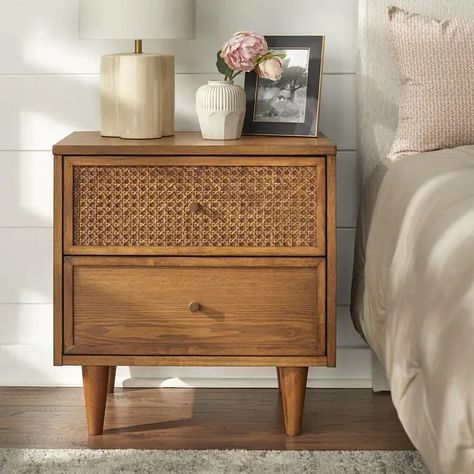 Lifestorey Maxwell 2-Drawer Nightstand with Natural Cane - On Sale - Bed Bath & Beyond - 40124713 Cane Bedroom Furniture Ideas, Set Of 2 Nightstands, Mid Century Modern Bedroom Nightstands, Mango Wood Nightstand, Cane Nightstand Bedroom, Light Oak Bedside Table, Medium Wood Bedroom Furniture, Cottage Core Nightstand, His And Hers Nightstand Styling