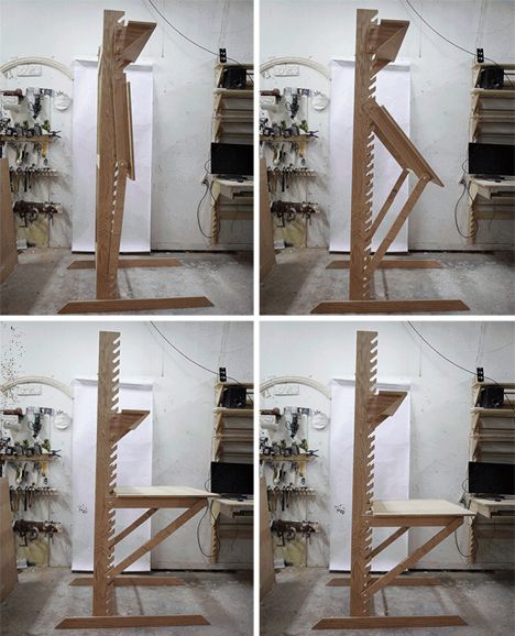 Transforming Desk is Four Pieces of Furniture in One - standard desk, drafting table, standing desk, easel Folding Drafting Table, Standing Desk Diy How To Build, Wooden Desk Legs Ideas, Drafting Table Ideas, Transforming Desk, Fold Desk, Easel Desk, Collapsible Desk, Desk Easel