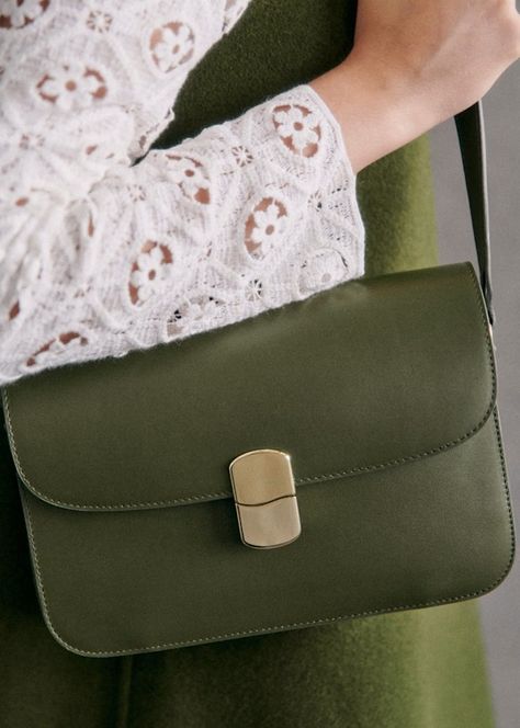 Milo Classic Bag - Smooth Khaki - Smooth cowhide leather - Sézane Natural Heritage, Classic Bags, Press Studs, Parisian Style, Leather Handle, Cowhide Leather, Smooth Leather, Inside Pocket, Patch Pocket