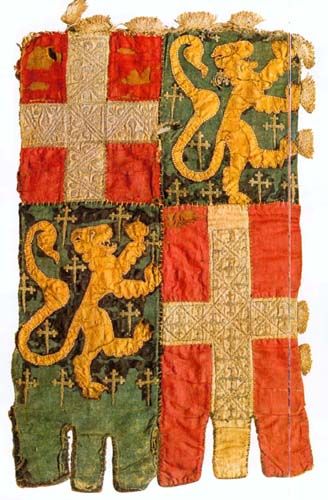 Banner with the arms of the dukes of Savoy with the family arms of de Blonays, 14th century Medieval Banner, Appliqué Work, Medieval Embroidery, Rome Antique, Empire Romain, Late Middle Ages, Medieval Life, Medieval World, Medieval Times