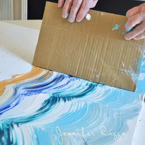 Drag your card board across your paint to make your design- a great way to make a striped or striated pattern. Painting Waves, Peisaj Abstract, Painting Activities, Diy Canvas Wall Art, Drawing Tutorials, Glue Gun, Diy Canvas, Diy Wall Art, Painting Projects