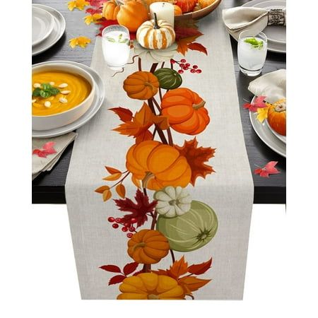 Includes: 1x linen table flag [QUALITY MATERIAL]:Our tablecloth is made of durable linen, soft and durable, protects the table surface from hot pans, scratches and spills. In addition, it doesn't shrink or fade and it's machine washable, making it a great investment. [SPRING DESIGN] Bring spring into your home with our exquisitely detailed decorative tablecloths that are sure to brighten any room. Our tablecloths are designed by professionals and are available in a variety of sizes and colors. Table Flags Size: 47x13inch, 59x13inch, 72x13inch, 79x13inch, 108x13inch.Choose the right table for the number of people that can be accommodated to better match your table and provide you with an enjoyable dining experience.Use them as eye-catching table centerpieces to ensure vibrant styles and uni Maple Leaf Table Runner, Outdoor Thanksgiving, Pumpkin Table Runner, Thanksgiving Table Runner, Tafel Decor, Fall Table Runners, Runner Kitchen, Table Flag, Maple Leaves