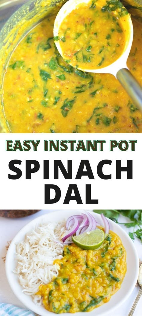 Instant Pot Spinach Dal, popularly called Dal Palak in India. This is a comforting lentil soup with spinach mixed in it for extra nutrition. It is so easy to make it in the pressure cooker. Enjoy it with basmati rice or as a soup. This is a vegetarian & gluten-free recipe | Indian food recipe | vegan instant pot indian recipes | instant pot dal | pipingpotcurry.com Instant Pot Punjabi Recipes, Spinach Dal Instant Pot, Pressure Cooker Lentil Recipes, Instant Pot Dal Recipes, Spinach Dal Recipe, Vegetarian Rice Cooker Recipes, Pressure Cooker Recipes Vegetarian, Dal Recipe Instant Pot, Daal Recipe Indian