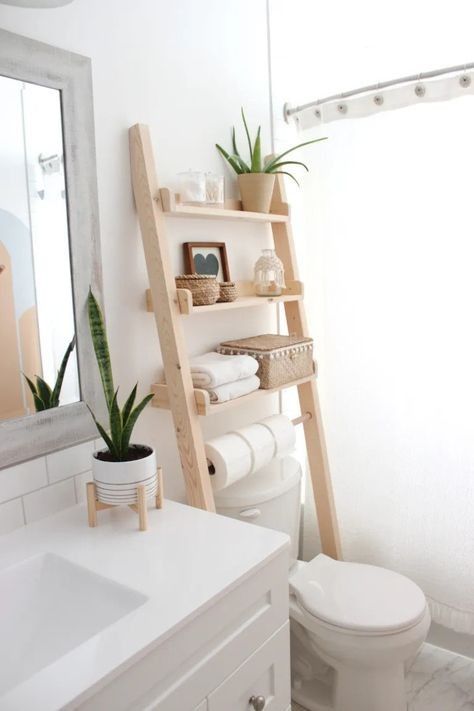 Bathroom Ladders, Bathroom Closet Organization Ideas, Bathroom Ladder Shelf, Bathroom Ladder, Bathroom Closet Organization, Closet Organization Ideas, Toilet Shelves, Over Toilet, Bathroom Closet