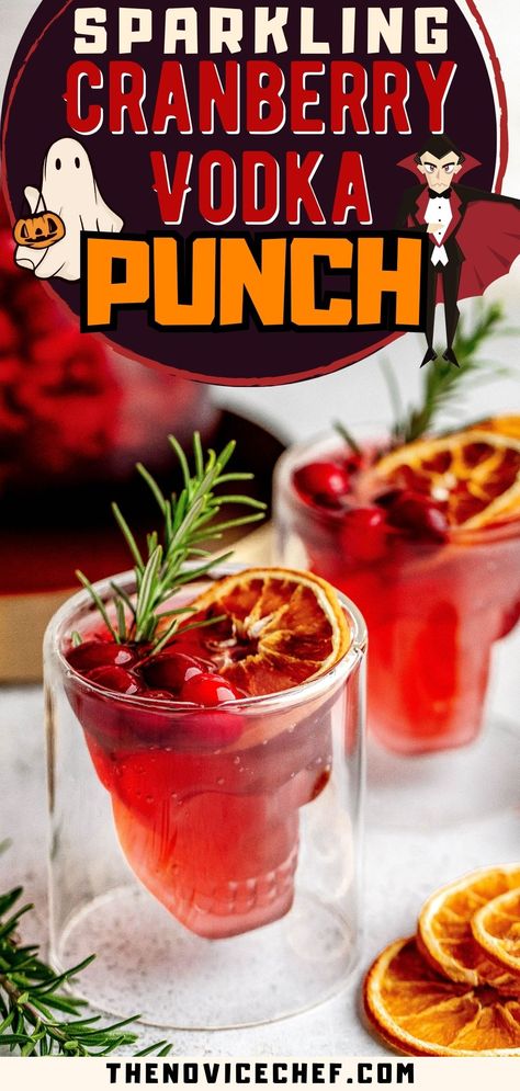 This super easy Cranberry Halloween Punch recipe is made with cranberry juice, vodka, grape juice, and fizzy soda water to create a spooky, sparkling, blood-red batched cocktail! You can also prep this punch ahead, making it perfect for a Halloween party. Vodka Cranberry Punch Recipes, Easy Boozy Punch, Alcohol Punches For A Party, Vodka Fall Punch, Cranberry Juice Cocktail Recipe, Punch With Vodka Recipes, Punch Alcoholic Party, Sparkling Cranberry Vodka Punch, Red Cocktail Drinks Vodka