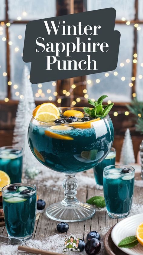 Discover the perfect Winter Sapphire Punch Cocktail recipe to elevate your holiday gatherings! This festive Sapphire Punch combines vibrant blue Curacao with refreshing citrus, creating a stunning blue winter punch that's sure to impress. Ideal for seasonal celebrations, this holiday Sapphire Punch features sparkling blueberries for an extra touch of elegance. Whether you're hosting a winter party or cozying up at home, this Sapphire Punch with Citrus is a must-try. Blue Alcoholic Punch, Blue Mixed Drinks, Spiked Punch Recipes, Blue Mocktail Recipe, Blue Cocktail Recipes, Chanukah Cocktails, Wedding Punch Recipes, Blue Mocktail, Blue Party Punches