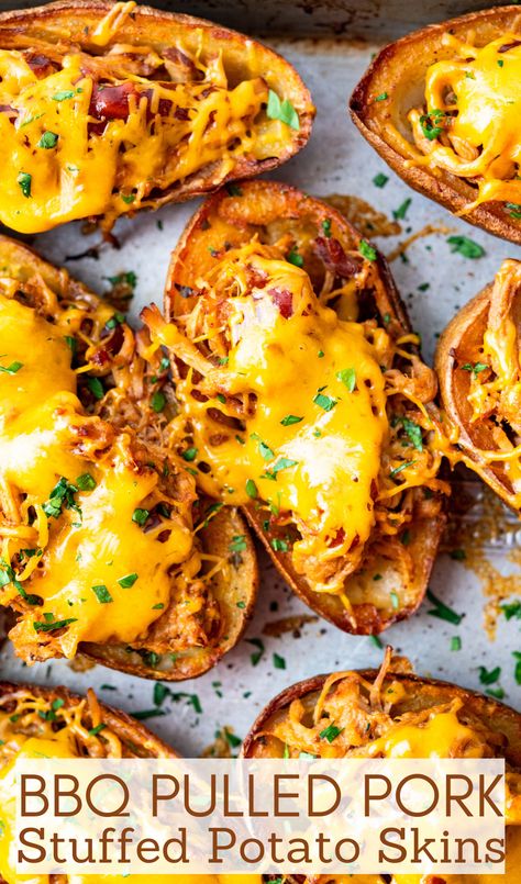 stuffed baked potato skins on a sheet pan. Bbq Pork Stuffed Potatoes, Brisket Potato Skins, Bbq Potato Skins, Pulled Pork Stuffed Potatoes, Baked Potato With Pulled Pork, Bbq Pulled Pork Baked Potato, Pulled Pork Potato Skins, Potato Bbq Recipes, Pulled Pork Baked Potato Recipes