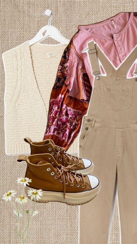 Cottagecore outfit inspo, linen background with cut outs of canvas dunagrees, pink patchwork top, wool vest and brown converse Vest Patchwork, Dungaree Outfit, Cottagecore Outfit, Patchwork Top, Outfit Collage, Wool Vest, Dungarees, Wool, Outfit Inspo