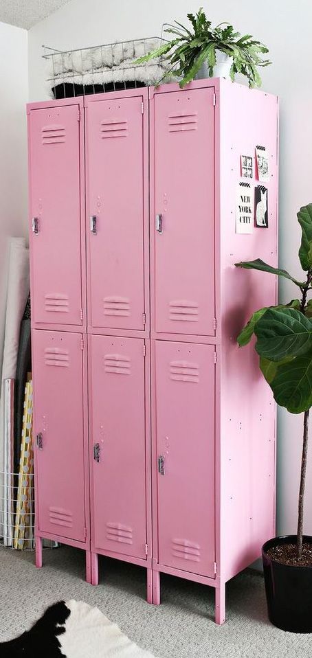 pink lockers Staff Storage Ideas, Retro Gym Interior, Pink Warehouse Office, Pink Locker Aesthetic, Pink Garage Interior, Locker Ideas For Home, Buff Barbie, Pink Lockers, Pink Workshop