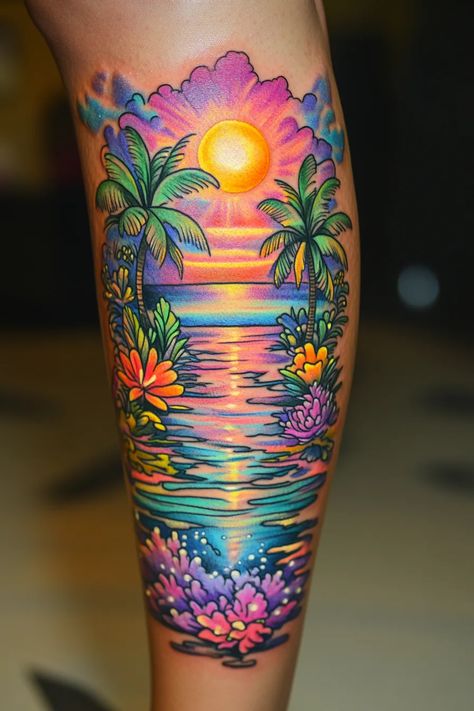 Tattoo Beach Ideas, Beach Tattoo Sleeve, Ocean Themed Tattoos, Ocean Tattoo Ideas, Beach Tattoos, Dragon Tattoo Sketch, Tropical Tattoo, Pretty Tattoo, Ocean Tattoo