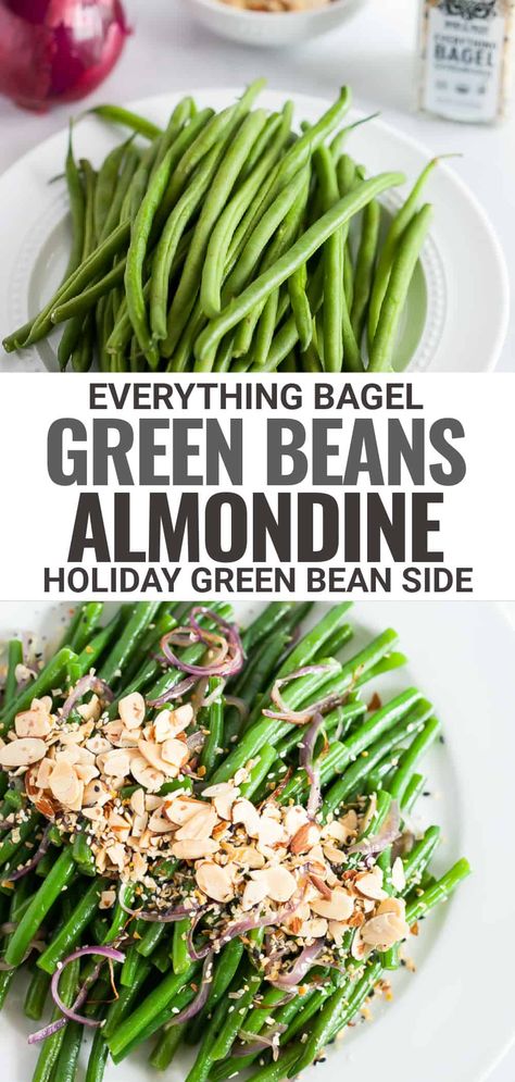 Everything Bagel Green Beans Almondine Holiday Green Beans, Thanksgiving Green Bean Recipe, Healthy Holiday Sides, Thanksgiving Green Beans, Healthy Thanksgiving Sides, Gluten Free Christmas Recipes, Green Beans Side, Green Beans Almondine, Blanching Green Beans