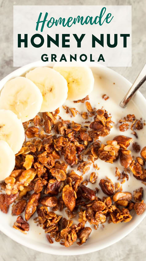 Homemade honey nut granola is the perfect easy breakfast recipe! Pre-make a batch and then eat it with milk, as a parfait, or on its own. Granola With Nuts Recipe, Homemade Granola With Honey, Granola Honey Recipe, Honey Granola Recipe Healthy, Honey Oat Granola Recipe, Recipes With Raw Honey, Honey Nuts Recipe, Best Granola Recipe Homemade, Granola Recipe With Honey