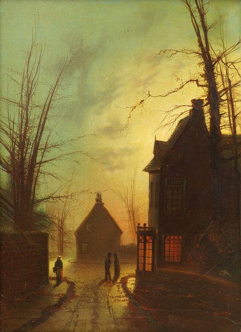 Wilfred Jenkins (English, 1857-1936), "Moonlit street with couple conversing and woman walking alone" Moody Artwork, Atkinson Grimshaw, Twilight Scenes, Village Street, Moonlight Painting, Winter Landscape Painting, She Walks In Beauty, Different Kinds Of Art, Woman Walking