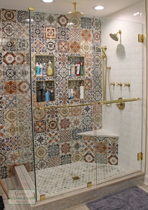 Aesthetic Tiles For Bathroom, Patterned Tiles Shower Wall, Bright Tiled Bathroom, Patterned Tile Shower Walls, Morocco Bathroom Design, Patterned Bathroom Tiles Wall, Mediterranean Shower Tile, Tiled Bedroom Wall, Textured Bathroom Tiles