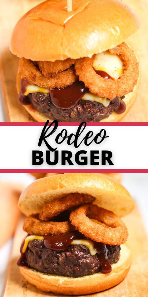 Rodeo Burger Recipe, Burger Special Ideas, Fun Burger Ideas, Western Burgers Recipes, Unique Burger Ideas, Fun Burger Recipes, Fancy Burger Recipes, Burger Ideas Creative, Hamburger Recipes Burgers