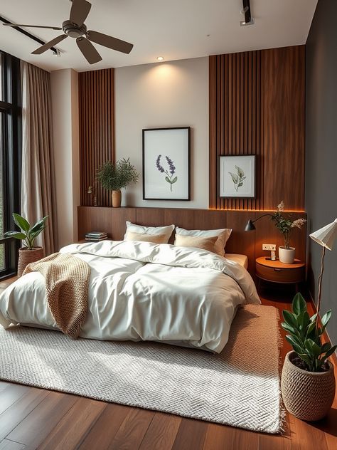 Transform your bedroom into a cozy retreat! Embrace modern design with natural finishes, warm hues, and lush plants for a tranquil, inviting space. 🛏️✨🌿 Earth Tone Modern Bedroom, Bedroom Ideas Thuma Bed, Master Bedrooms Earth Tones, Neutral Warm Bedroom Aesthetic, Room Inspo Wood, White And Brown Bedroom Aesthetic, Wood Bedroom Aesthetic, Warm Wood Bedroom, Sleek Bedroom Ideas