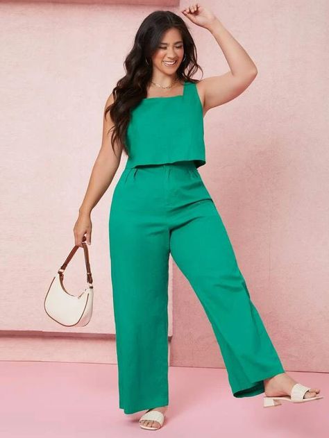 Plus Solid Tank Top & Wide Leg Pants Set | SHEIN USA Wide Leg Pants Outfit Plus Size, Plus Size Wide Leg Pants Outfit, Plus Size Wide Leg Pants, Shein Plus Size, Outfit Shein, Female Clothes Outfits, Plus Size Wide Leg, Wide Leg Pants Outfit, Dinner Dress Classy