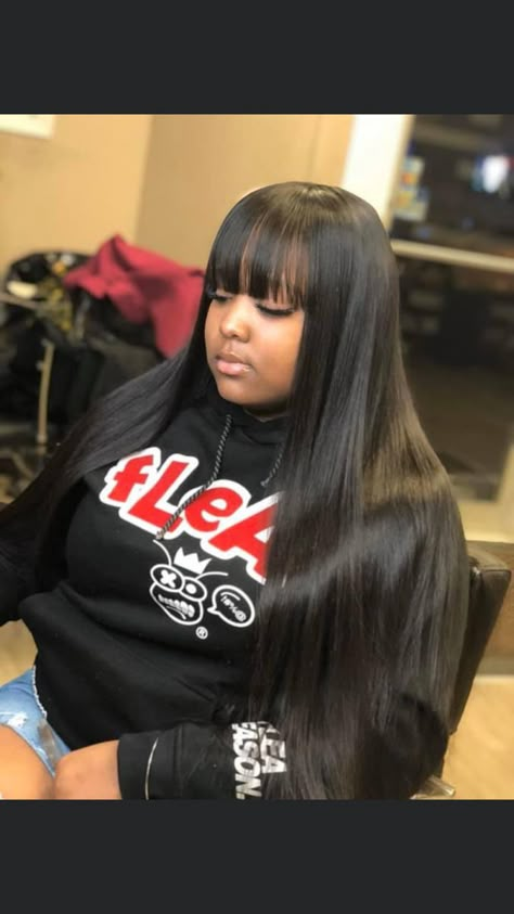 Full Sew In With Bangs No Leave Out, China Bangs Hairstyles Black Women, Bang Wrap Black Women, Chinese Bang Hairstyles Black Women, Quickweave With Bangs, Chinese Bang Quick Weave, Bangstyle Hair Long Black Women, Chinese Bangs Black Women, Chinese Bob Hairstyles