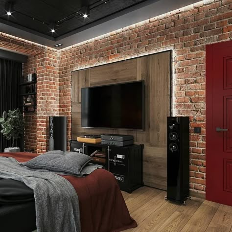 Sleek Modern Industrial Design by IntDesignBuro Brick Bedroom Ideas, Loft Living Room Design, Industrial Tv Cabinet, Brick Wall Bedroom, European Interior Design, Brick Bedroom, Brick Living Room, Industrial Bedroom Design, Brick Room