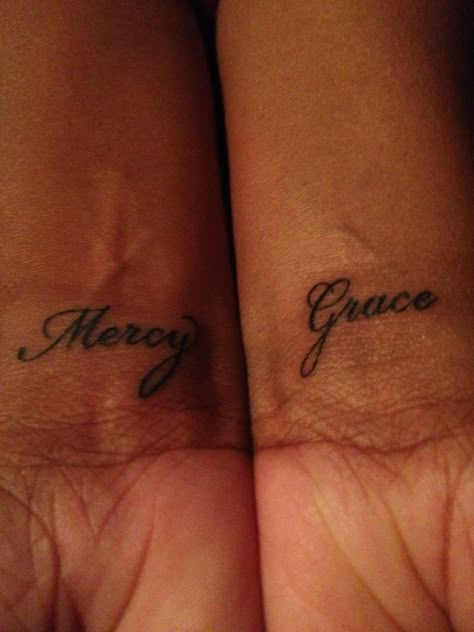 Newest tattoo Grace & Mercy Grace Mercy Tattoo, Mercy And Grace Tattoo, Grace And Mercy Tattoo, Mercy Tattoo Ideas, Grace Tattoos For Women, Mercy Tattoo, Tattoo Grace, Grace Tattoo, Grace Tattoos