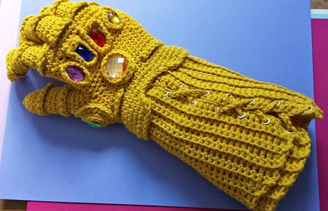 Crochet The Internet-Famous Infinity Gauntlet Designed By AmigurumiBarmy Gauntlet Pattern, Thanos Gauntlet, Art Geek, Infinity Gauntlet, Crochet Gloves, Crochet Stuff, Crochet Basics, Knit Or Crochet, Crochet For Kids