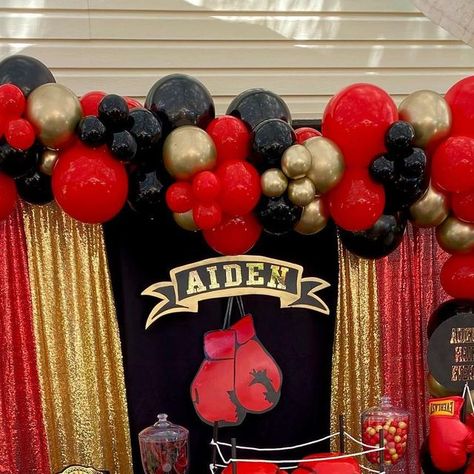 Boxing Themed Birthday Party, Boxing Theme Balloon Garland, Boxing 1st Birthday Theme, Boxing Party Decorations, Round One Boxing Birthday Party, Boxing Bday Theme, Boxing Birthday, Boxing Party, Wwe Party