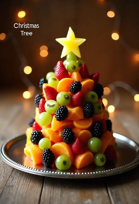 Colorful fruit Christmas tree made of strawberries, grapes, kiwis, blackberries, and mandarin oranges, topped with a star-shaped pineapple slice on a silver platter with holiday lights in the background. Fruit Arrangements For Christmas, Fruit Tree Christmas, Christmas Tree With Fruit, Tropical Fruit Aesthetic, Christmas Fruit Ideas, Christmas Fruit Tree, Table Treats, Fruit Christmas, Fruit Christmas Tree