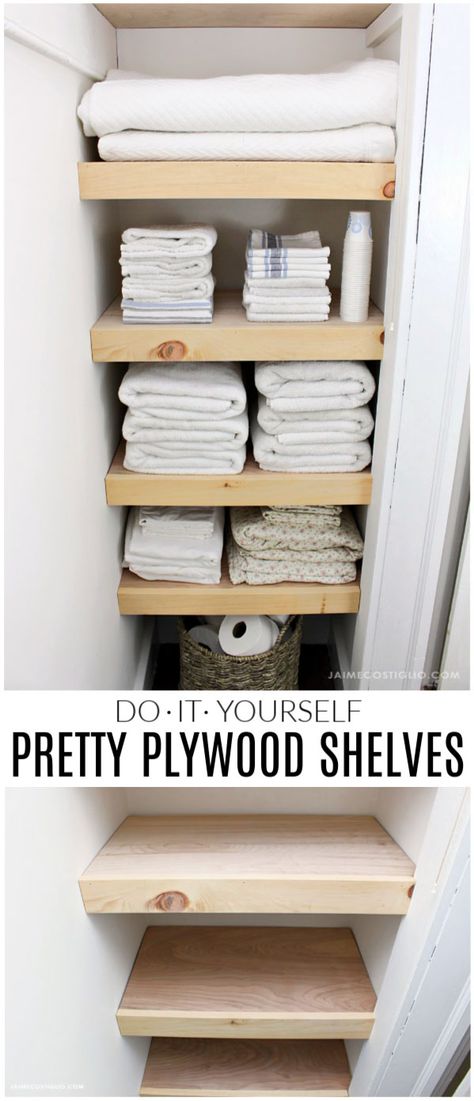 A DIY tutorial for making easy and pretty plywood shelves for your linen closet. Make your closet organized, functional and user friendly with shelves. #storage #closetorganization #diyshelves