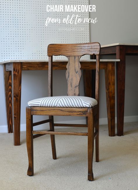 DIY Chair Makeover from Old to New - Sisters, What! Refurbished Dining Chairs, Wooden Chair Makeover, Wood Chair Makeover, Dining Chair Makeover, Old Wooden Chairs, Old To New, Bedroom Crafts, Chair Makeover, Old Chairs