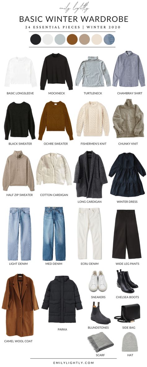 A Basic Winter Capsule Wardrobe - 24 Essential Pieces - Emily Lightly Fall Winter Basics, Womens Wardrobe Basics, Essential Fall Wardrobe Pieces, Essential Clothing Pieces Woman, Basic Pieces For Wardrobe, Basic Winter Wardrobe, Basic Fall Outfits, Clothing Basics, Capsule Wardrobe Women