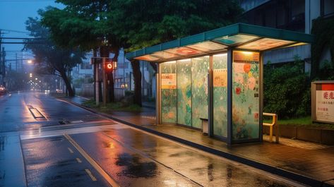 Bus Stops Stop At Night Japanese City#pikbest#Backgrounds#Others Japanese Bus Stop, Spooky Moodboard, City Backgrounds, Bus Aesthetic, Rain Drawing, Japanese City, Rest Stop, Bus Stops, Night Rain