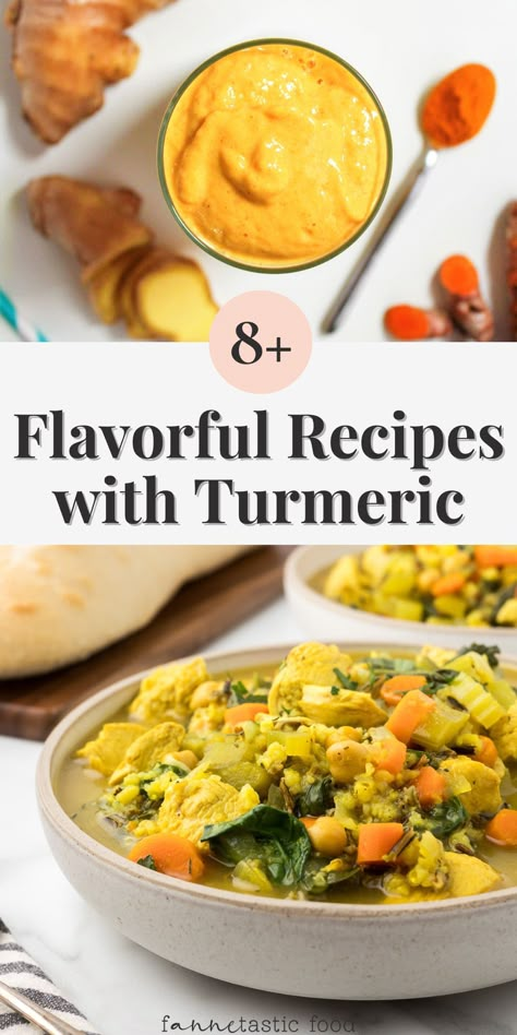 I love cooking with turmeric – both turmeric powder and fresh turmeric root! Not only does it have anti-inflammatory properties, but it also adds a delicious, zesty flavor to dishes like curries, soups, snacks, and even smoothies. Here are some of my favorite nutritious and delicious recipes with turmeric! How To Incorporate Turmeric In Your Diet, Fresh Turmeric Recipes Cooking, Tumeric Recipes Inflammation, Fresh Turmeric Root Recipes, Turmeric Powder Recipes, Tumeric Root Uses, Fresh Tumeric Recipes Food, Raw Turmeric Recipes, Turmeric Soups