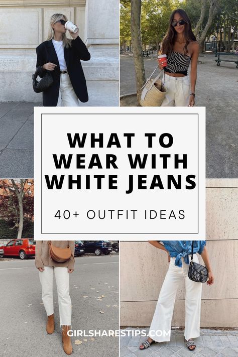 Upgrade your wardrobe with these chic and sophisticated white jeans outfit ideas that prove why this classic piece is a must-have. From casual weekend looks to stylish office ensembles, get inspired and discover new ways to rock your white jeans with confidence. | white jeans outfit | outfits with white jeans | fits with white jeans | white jeans outfit aesthetic | white jeans winter outfit | how to style white jeans | off white jeans outfit | white jeans outfit autumn Styling White Straight Leg Jeans, White Jeans Classy Outfits, White Jeans With Sneakers Outfit, Off White Jeans Outfit Spring, White Jeans Outfit Work Classy, Styling Off White Jeans, Spring Outfits With White Jeans, White Jeans With Tennis Shoes, Business Casual White Jeans