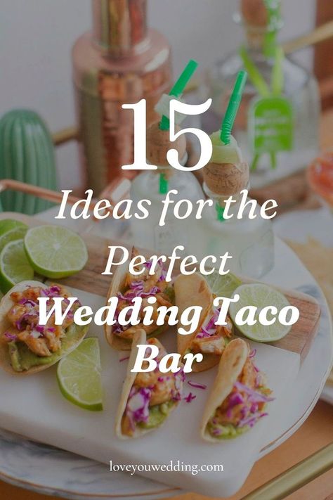 15 ideas for the best ever wedding taco bar for your wedding reception buffet. Whether you're setting up a DIY taco bar for your wedding reception buffet, rehearsal dinner, engagement party, or wedding shower, uncover tips and ideas for a flavorful celebration. Click through for 15 perfect tips and ideas for your wedding taco bar. Wedding Taco Bar Ideas Rustic, Taco Bar For Wedding Rehearsal, Tacos For Wedding Receptions, Taco Bar Presentation Ideas, Wedding Dinner Station Ideas, Taco Bar Decorations Ideas, Elevated Taco Bar, Taco Bar Wedding Rehearsal Dinners, Taco Bar Ideas Buffet Wedding Reception