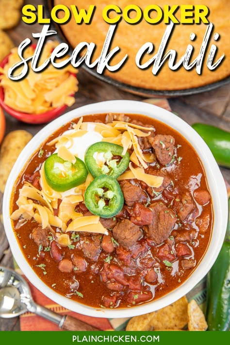 Sirloin Steak Chili Recipe, Slow Cooker Steak Chili Recipe, Beef Chili Recipe Crockpot, Slow Cooker Steak Chili, Steak Chili Recipe, Chili Slow Cooker, Plain Chicken Recipe, Italian Pot Roast, Steak Chili