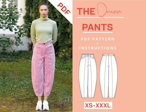 Tapered Pants Sewing Pattern PDF Xs-xxxl Instant Download Beginner Friendly Pants Pattern Trousers Sewing Tutorial A4 US Letter - Etsy France Lantern Pants Sewing Pattern, Instructions Design, Pattern Trousers, Paper Sewing, Sewing Machine Basics, Pants Sewing, Modern Sewing Patterns, English German, Everyday Pants