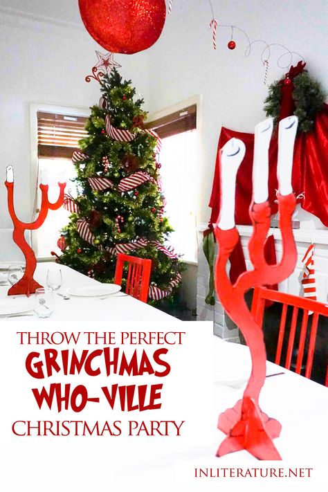 Grinch In Fireplace, Decorate Like Whoville, Grinchmas Decorations Grinch Party, Whooville Trees, Whoville Centerpiece Ideas, Whobilation Party Decorating Ideas, Whoville Themed Christmas Party, Who Ville Decorations, Grinch Party Decorations Diy