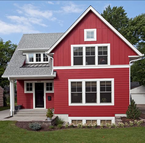 If you're looking for dark house colors, consider this red beauty! Love the board and batten on top with the white trim and gray roof! #darkexterior #darkhouse #redhouseideas #exteriorpaintedhouse #farmhouse #redfarmhouse House With White Trim, Red House Exterior, Home Paint Color, Red Houses, Red Farmhouse, Farmhouse Exterior Design, Craftsman Exterior, Urban Farmhouse, Exterior Paint Color