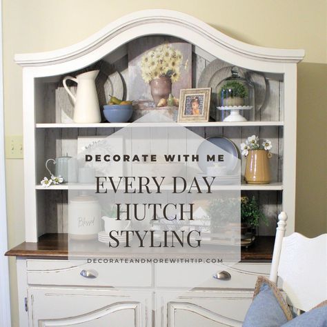 How To Style A Dining Room Hutch, Decorate A Hutch Ideas, Hutch Ideas Decorating, How To Decorate A Hutch Farmhouse, How To Decorate The Top Of A Hutch, Hutch Decorating Ideas Modern, Spring Hutch Decorating Ideas, Dining Hutch Styling, Styling A Hutch Dining Rooms