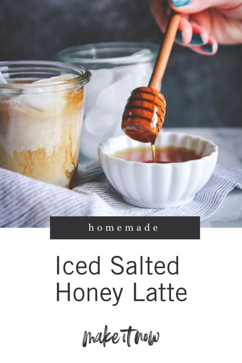 This homemade iced salted honey latte is so gooad and so easy all you need is a jar (or container with a lid) and a microwave! Find the recipe on the blog! Honey Latte Recipe, Pudding Cup Recipes, Honey Latte, Homemade Latte, Wisconsin Food, Nespresso Recipes, Caramel Chocolate Chip Cookies, Homemade Pudding, Caramel Latte