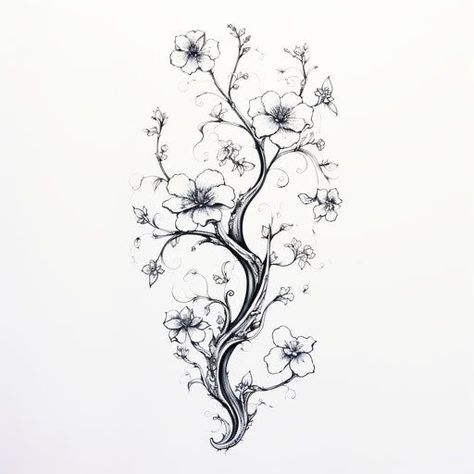 Cherry Blossom Vines Tattoo, Cherry Blossom Tree Tattoo Black And White, Floral Tattoo Design Shoulder Sleeve, Tats For Women Unique, Cherry Blossom Cat Tattoo, Creative Back Tattoos, Full Back Tattoo Women Flowers, Black And White Cherry Blossom Tattoo, Cherry Blooms Tattoo