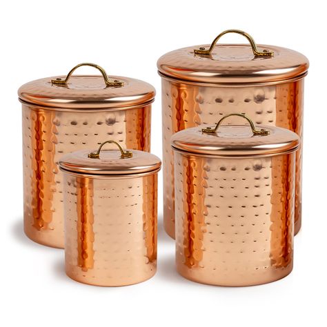 PRICES MAY VARY. This hand-crafted, food safe container features a hand-hammered Copper Plating Over Premium Grade Stainless Steel. Premium Quality copper is then lacquered with a clear gloss to prevent patinas, discoloration, and scratches on the metalwork. QUALITY CONSTRUCTION: Each nu steel canister is made of High quality, durable stainless steel, and premium great copper that is lightweight yet sturdy. Meticulously inspected, thick rubber seals ensure a hermetic seal that prevents food spoi Pantry Redo, Copper Kitchen Accessories, Copper Canisters, Food Canisters, How To Polish Copper, Hobnail Vase, Kitchen Canister Set, Home Coffee Bar, Copper Kitchen