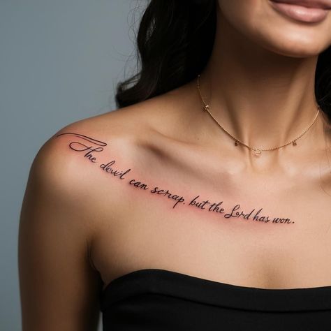 14 Collarbone Tattoos for Women - Collar Bone Tattoo Writing, Color Bone Tats Women, Collarbone Quote Tattoo, Clavicle Tattoos For Women Quotes, Womens Collar Bone Tattoos, Collar Bone Tattoo Words, Tattoo Ideas Female Collar Bone, Clavical Tattoos Women, Collarbone Tattoos For Women