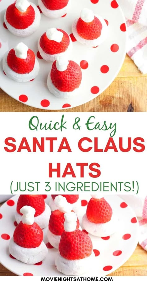 These no-bake 3 Ingredient Strawberry Santa Claus Hats are super quick and easy to throw together for brunch, Christmas morning, or a class party! #Christmas #Christmasrecipes #EasyChristmasRecipes Class Party Christmas, Movie Nights At Home, Strawberry Santa Hats, Strawberry Santa, Brunch Christmas, Strawberry Santas, Santa Party, Christmas Appetizer, Strawberry Donuts