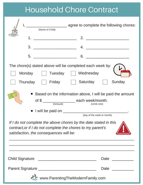 Free Parent Resources | Modern Parenting Solutions Behavior Contract For Home, Teenage Chores, Parenting Plan Worksheet, Kid Contracts, School Issues, Therapy For Kids, Family Responsibilities, Behavior Contract, Parenting Printables